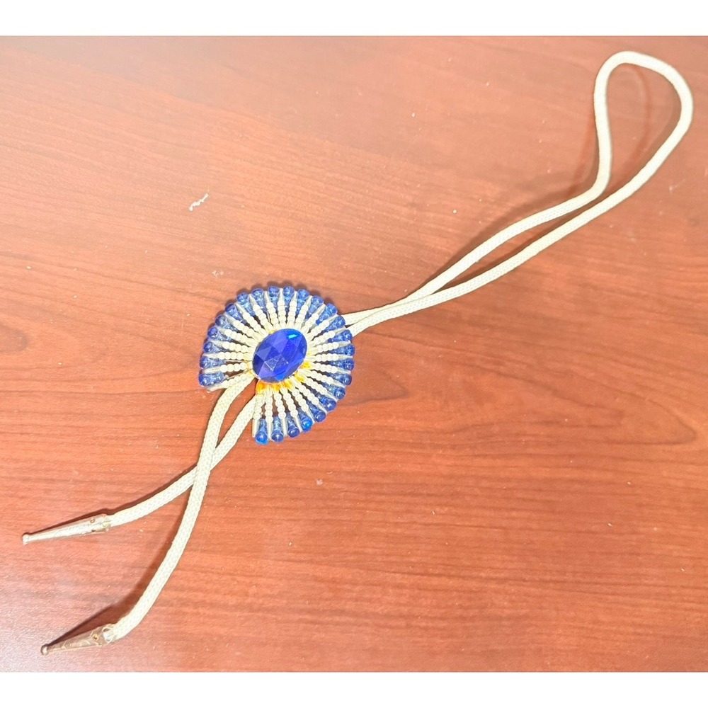 Bolo Tie Blue White Beaded Braided Vintage Western Square Dancer Caller‎
